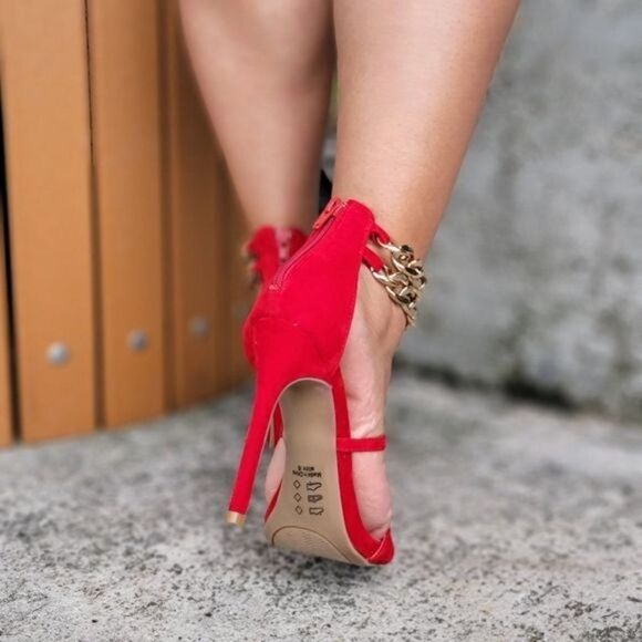 Red Two Part Stiletto Heeled Chain Sandals - Picture 5 of 7